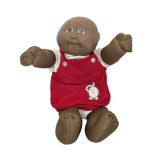 Vintage 1985 Cabbage Patch Kids Preemie Doll Bald, Brown Eyes, Red Corduroy